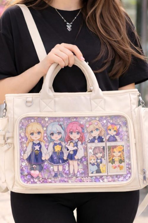 Large Black Kawaii Convertible Ita Bag with Clear Window for Photocards and Pins