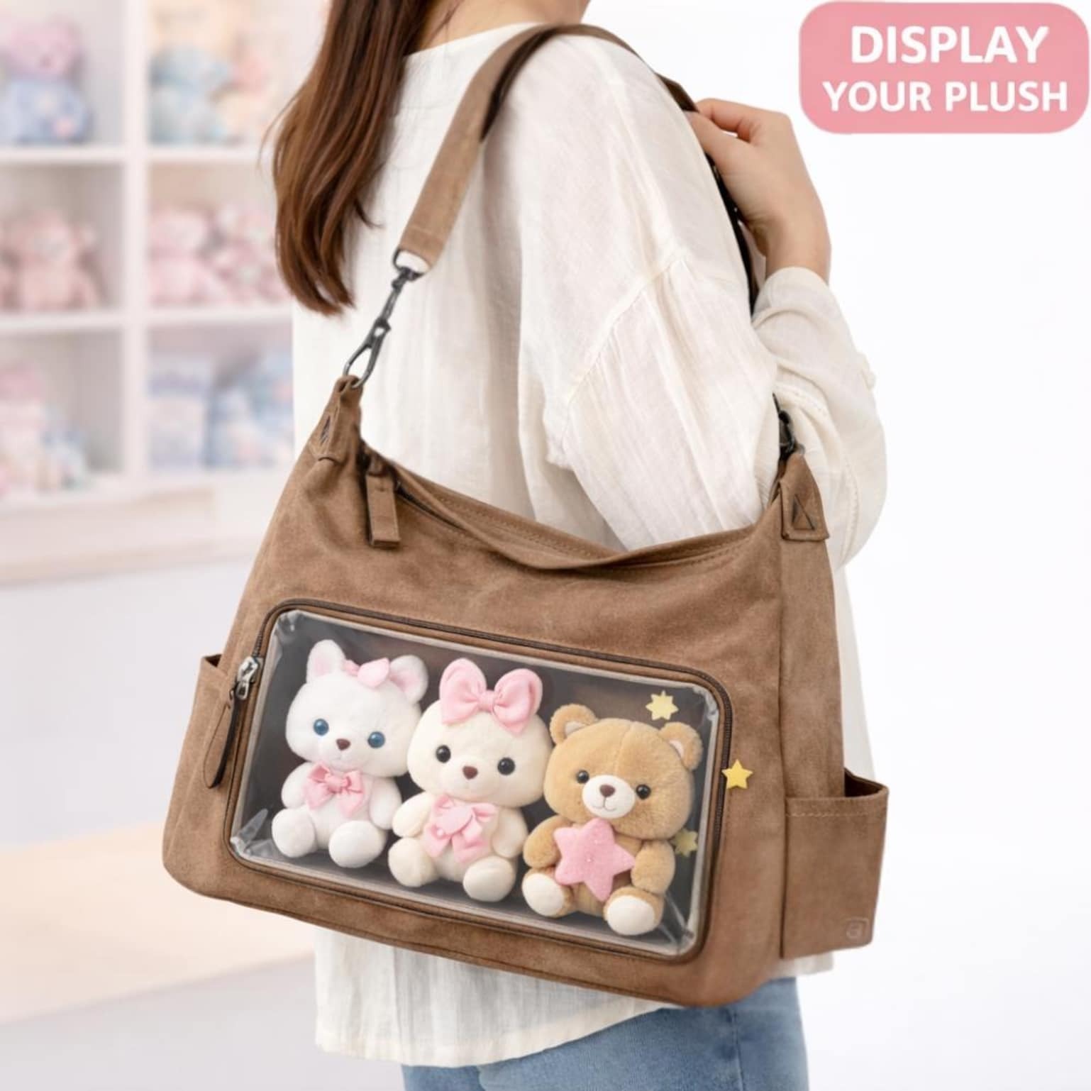 Large Black Kawaii Convertible Ita Bag with Clear Window for Plushies and Pins Large Black Kawaii Convertible Ita Bag with Clear Window for Plushies and Pins