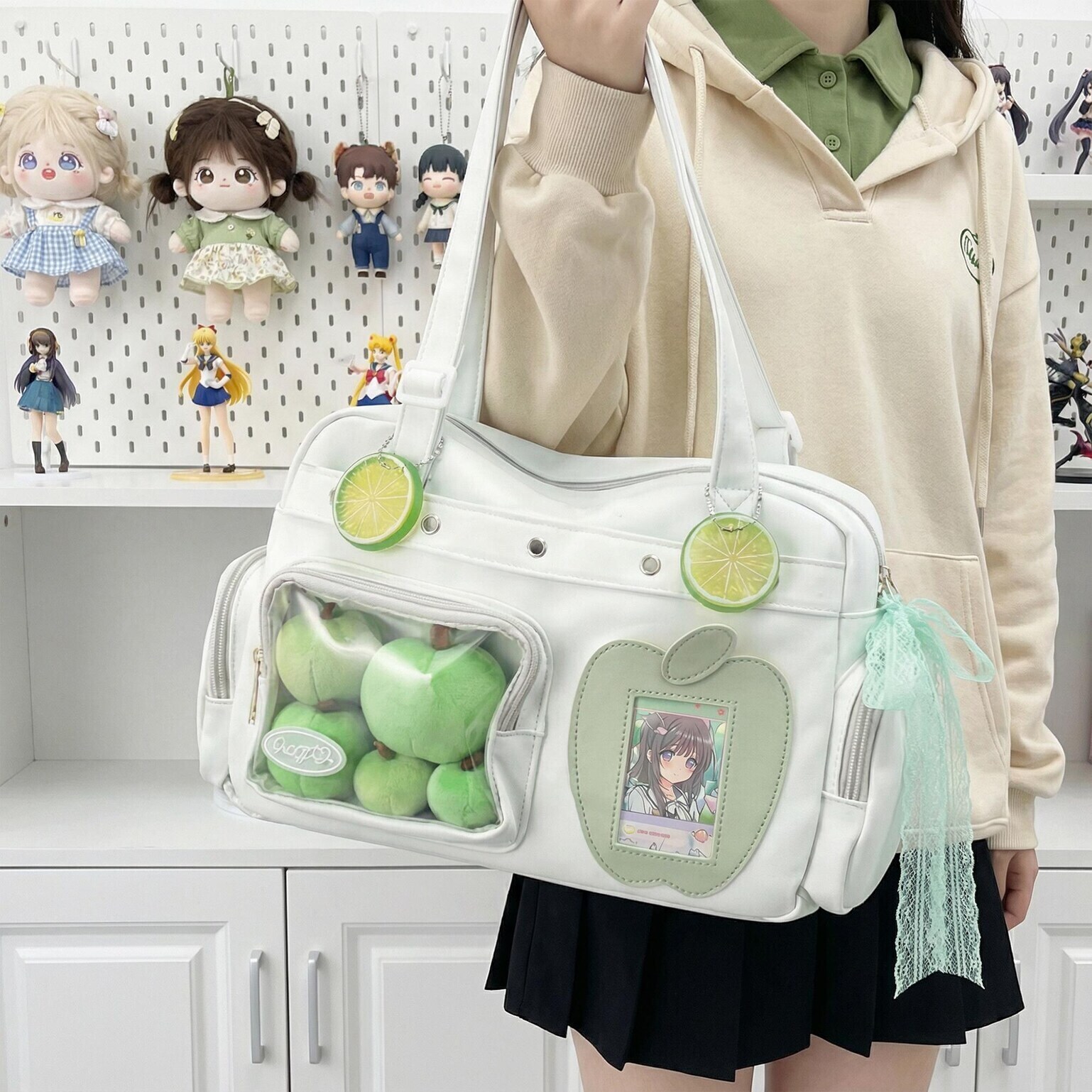 Large Black Kawaii Convertible Ita Bag with Clear Window for Plushies and Pins Large Black Kawaii Convertible Ita Bag with Clear Window for Plushies and Pins