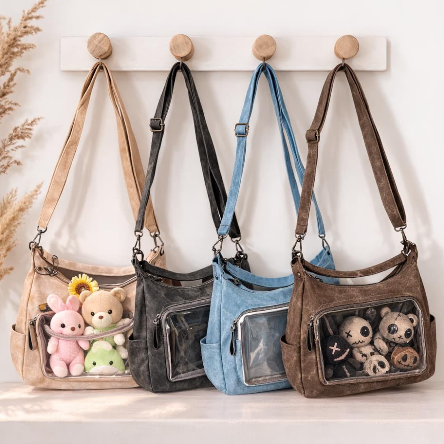 Large Black Kawaii Convertible Ita Bag with Clear Window for Plushies and Pins Large Black Kawaii Convertible Ita Bag with Clear Window for Plushies and Pins