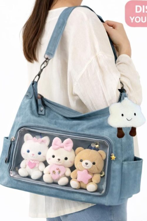 Large Black Kawaii Convertible Ita Bag with Clear Window for Plushies and Pins