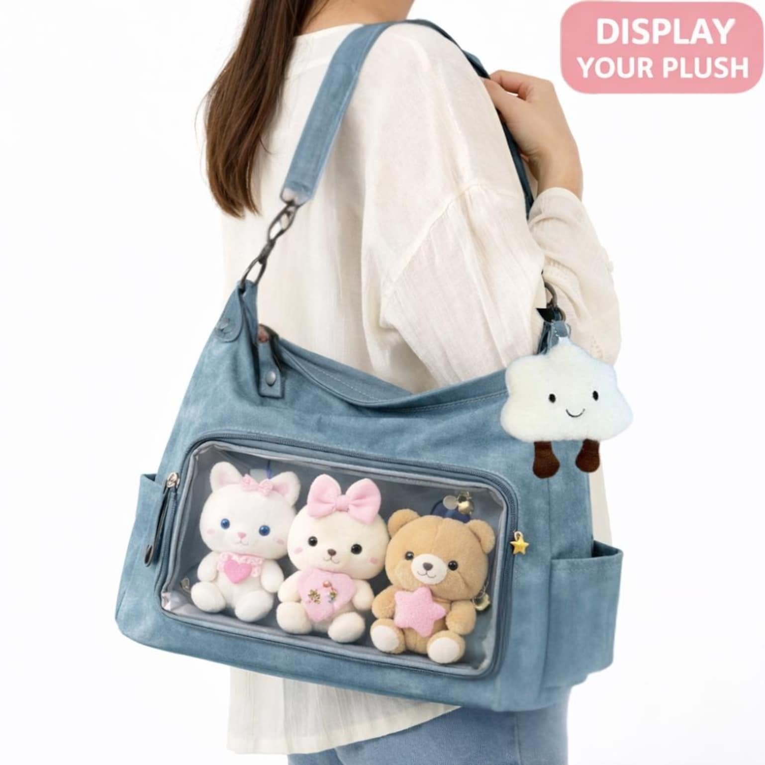 Large Black Kawaii Convertible Ita Bag with Clear Window for Plushies and Pins Large Black Kawaii Convertible Ita Bag with Clear Window for Plushies and Pins