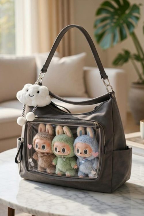 Large Black Kawaii Convertible Ita Bag with Clear Window for Plushies and Pins