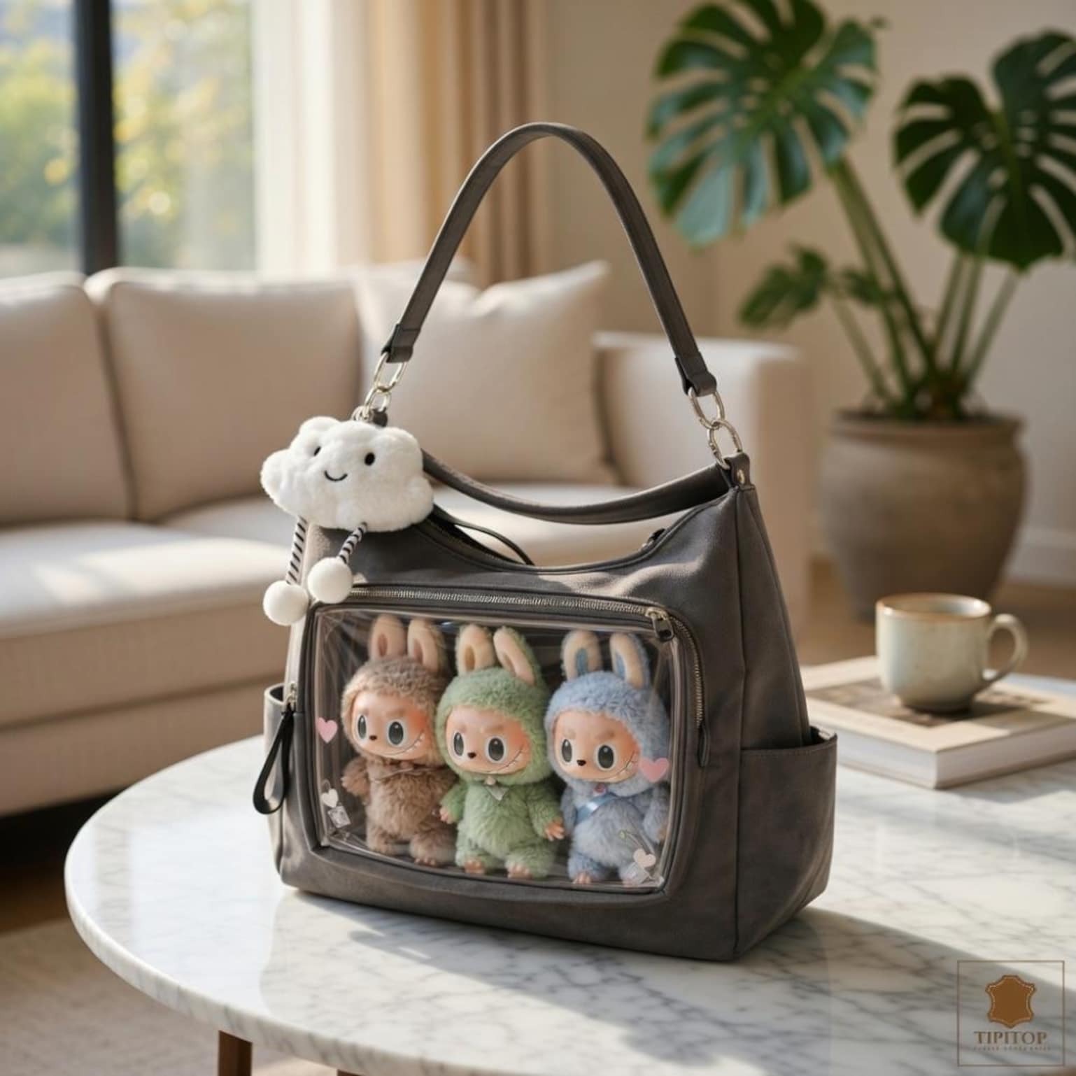 Large Black Kawaii Convertible Ita Bag with Clear Window for Plushies and Pins Large Black Kawaii Convertible Ita Bag with Clear Window for Plushies and Pins