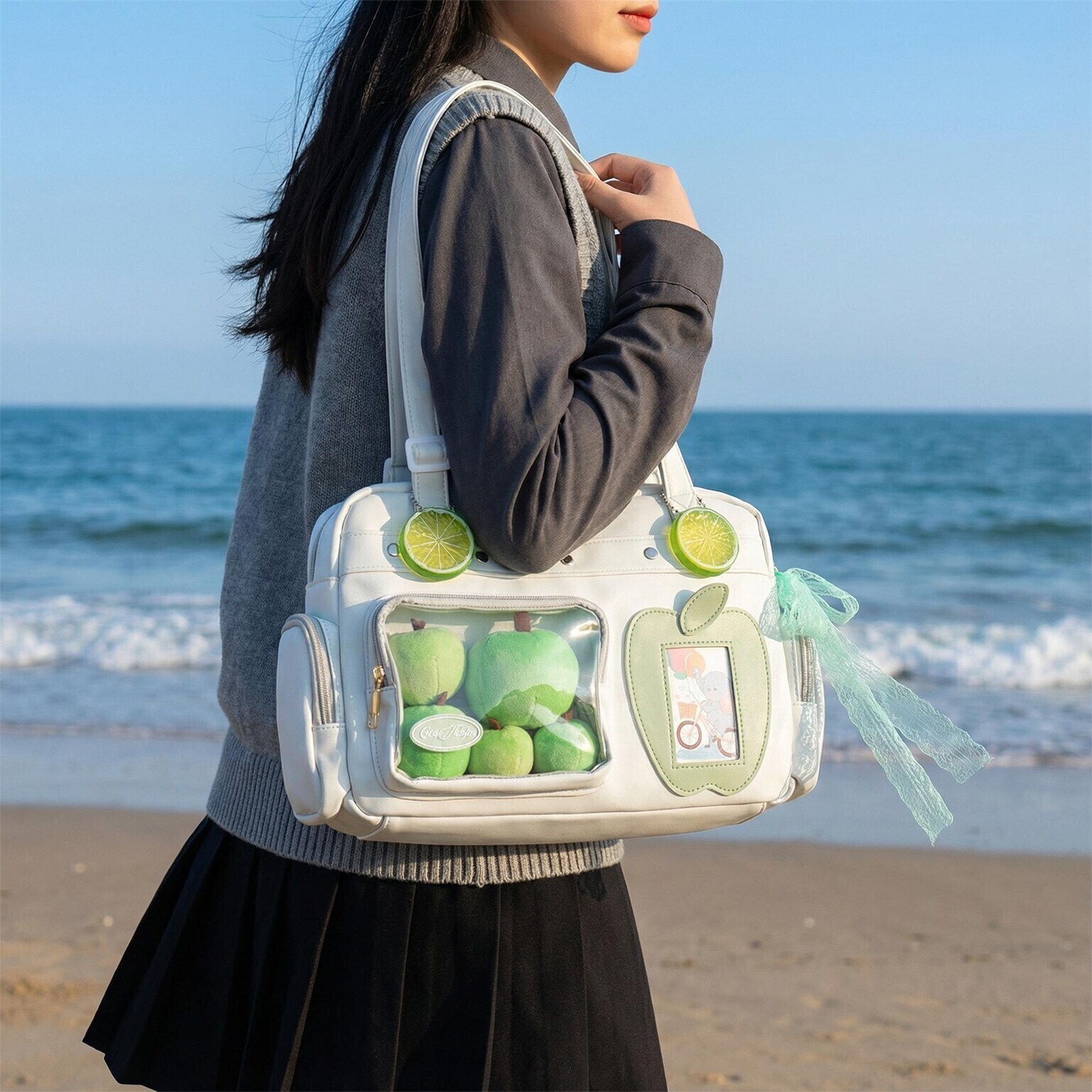 Large Black Kawaii Convertible Ita Bag with Clear Window for Plushies and Pins Large Black Kawaii Convertible Ita Bag with Clear Window for Plushies and Pins