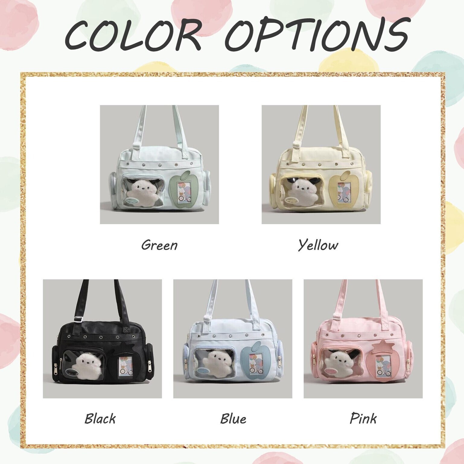 Large Black Kawaii Convertible Ita Bag with Clear Window for Plushies and Pins Large Black Kawaii Convertible Ita Bag with Clear Window for Plushies and Pins