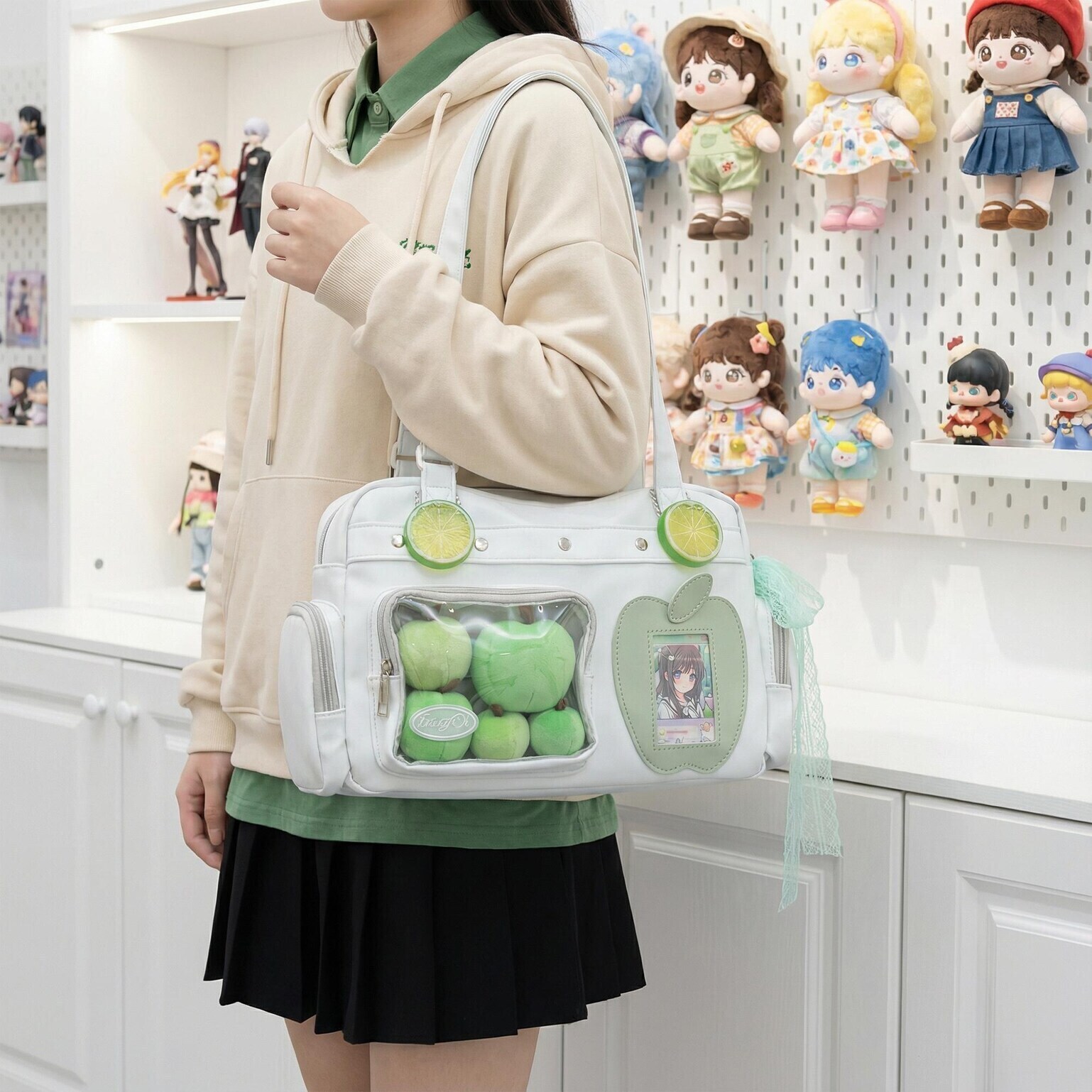 Large Black Kawaii Convertible Ita Bag with Clear Window for Plushies and Pins Large Black Kawaii Convertible Ita Bag with Clear Window for Plushies and Pins