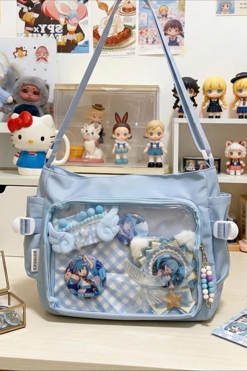 Large Black Kawaii Ita Messenger Bag with Clear Window for Plushies and Pins