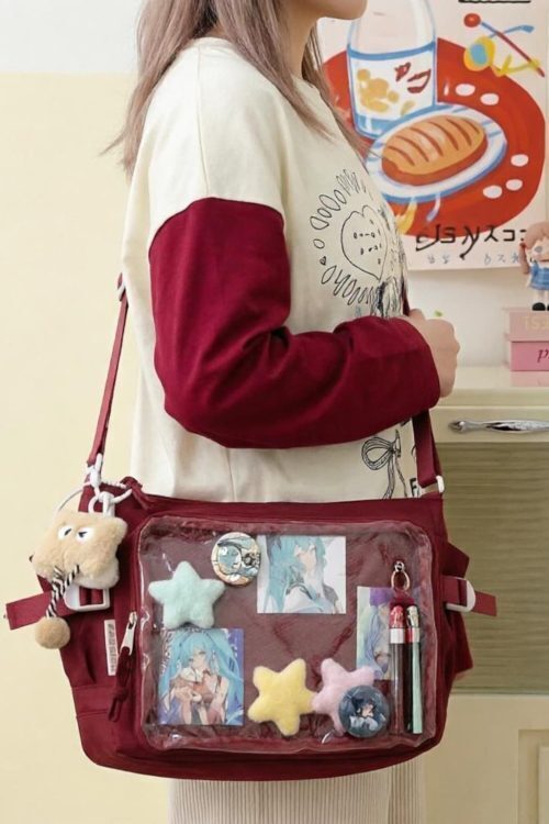 Large Black Kawaii Ita Messenger Bag with Clear Window for Plushies and Pins