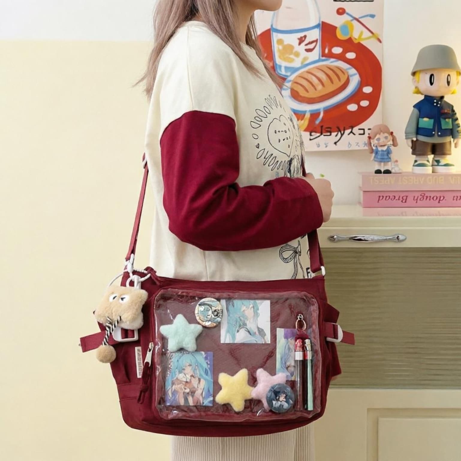 Large Black Kawaii Ita Messenger Bag with Clear Window for Plushies and Pins Large Black Kawaii Ita Messenger Bag with Clear Window for Plushies and Pins