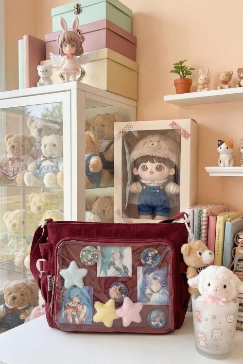 Large Black Kawaii Ita Messenger Bag with Clear Window for Plushies and Pins