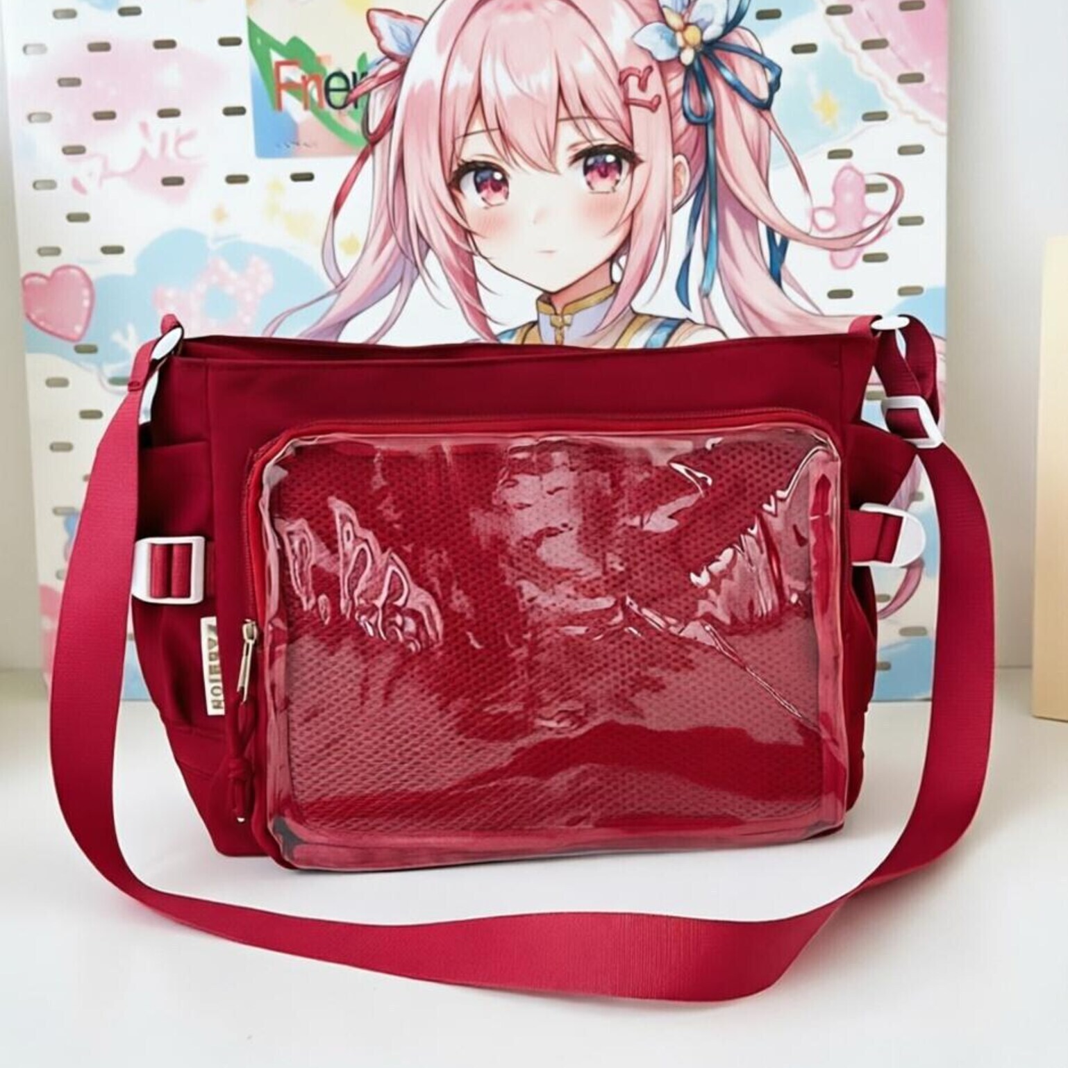 Large Black Kawaii Ita Messenger Bag with Clear Window for Plushies and Pins Large Black Kawaii Ita Messenger Bag with Clear Window for Plushies and Pins