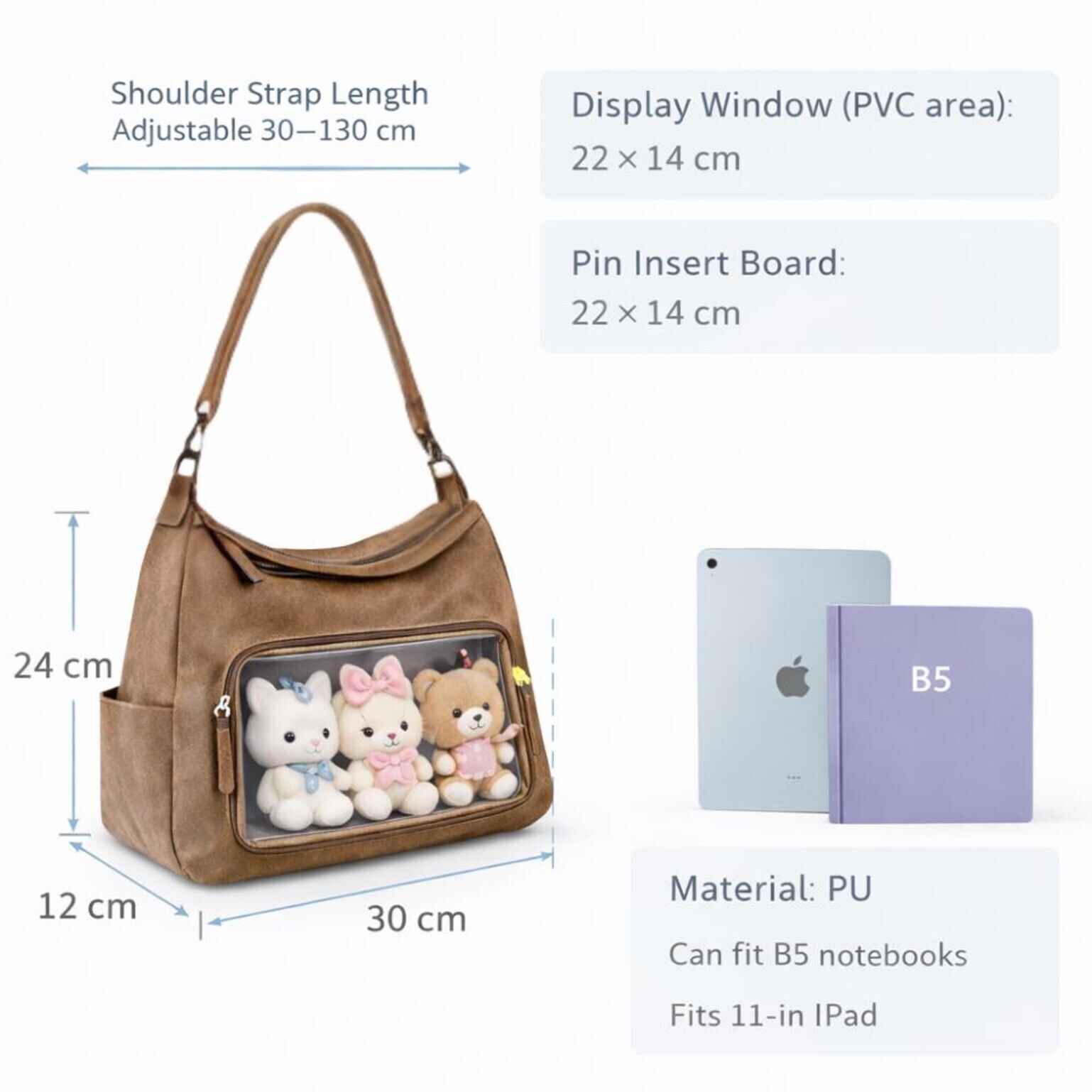 Large Black Kawaii Ita Messenger Bag with Clear Window for Plushies and Pins Large Black Kawaii Ita Messenger Bag with Clear Window for Plushies and Pins