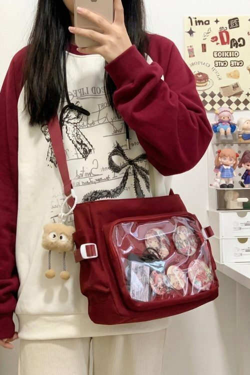 Large Black Kawaii Ita Messenger Bag with Clear Window for Plushies and Pins