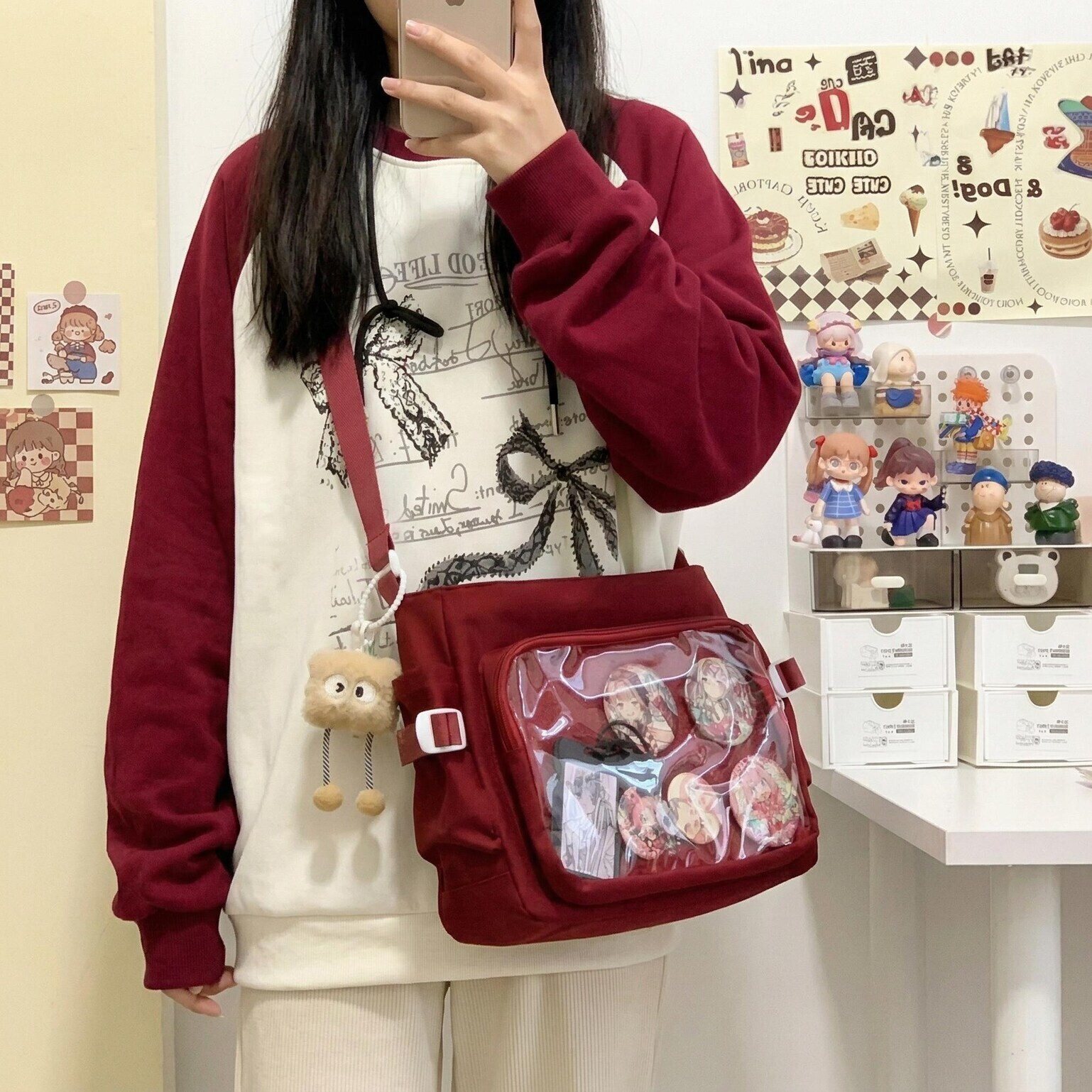 Large Black Kawaii Ita Messenger Bag with Clear Window for Plushies and Pins Large Black Kawaii Ita Messenger Bag with Clear Window for Plushies and Pins