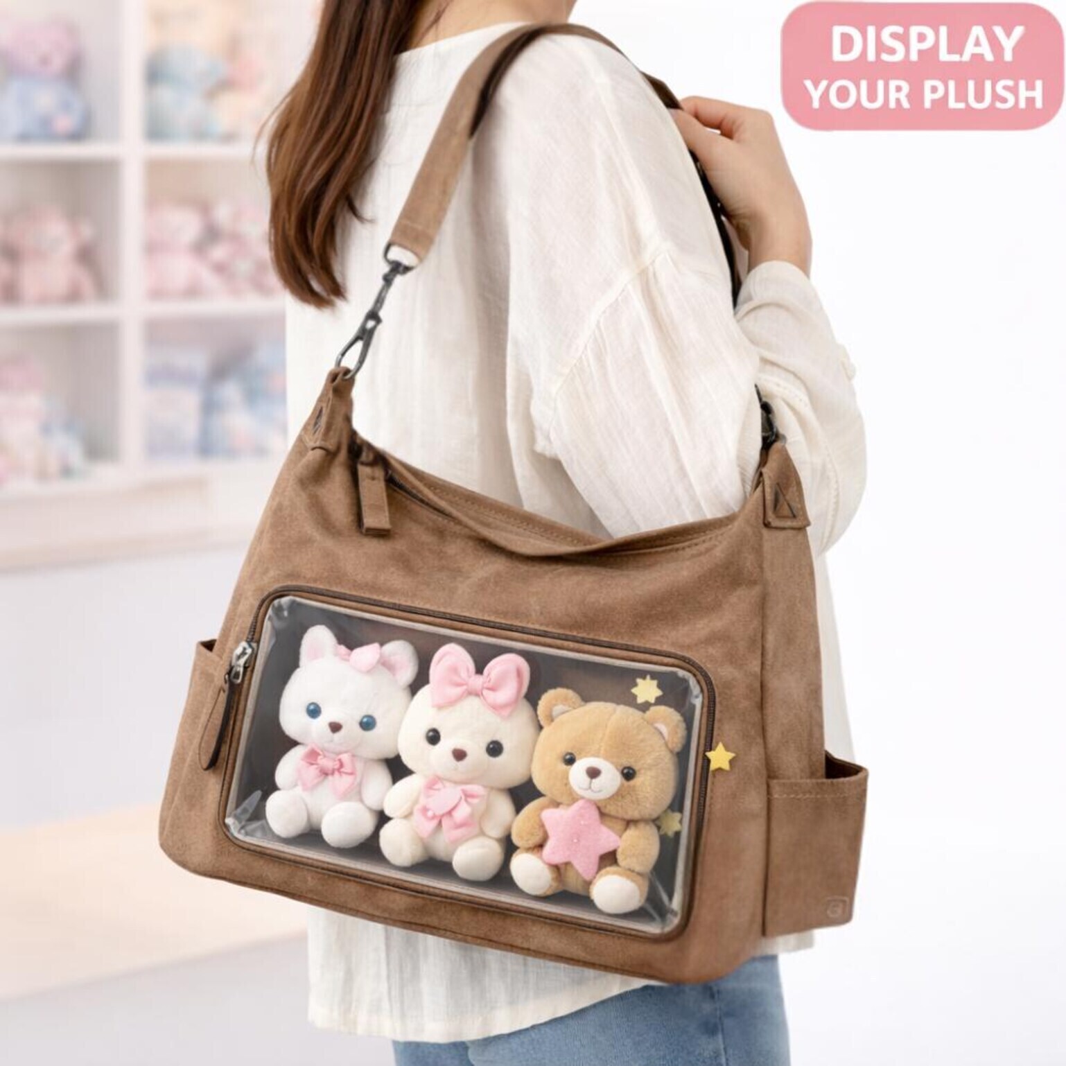 Large Black Kawaii Ita Messenger Bag with Clear Window for Plushies and Pins Large Black Kawaii Ita Messenger Bag with Clear Window for Plushies and Pins