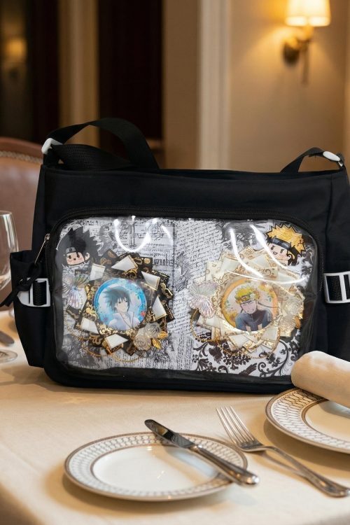 Large Black Kawaii Ita Messenger Bag with Clear Window for Plushies and Pins