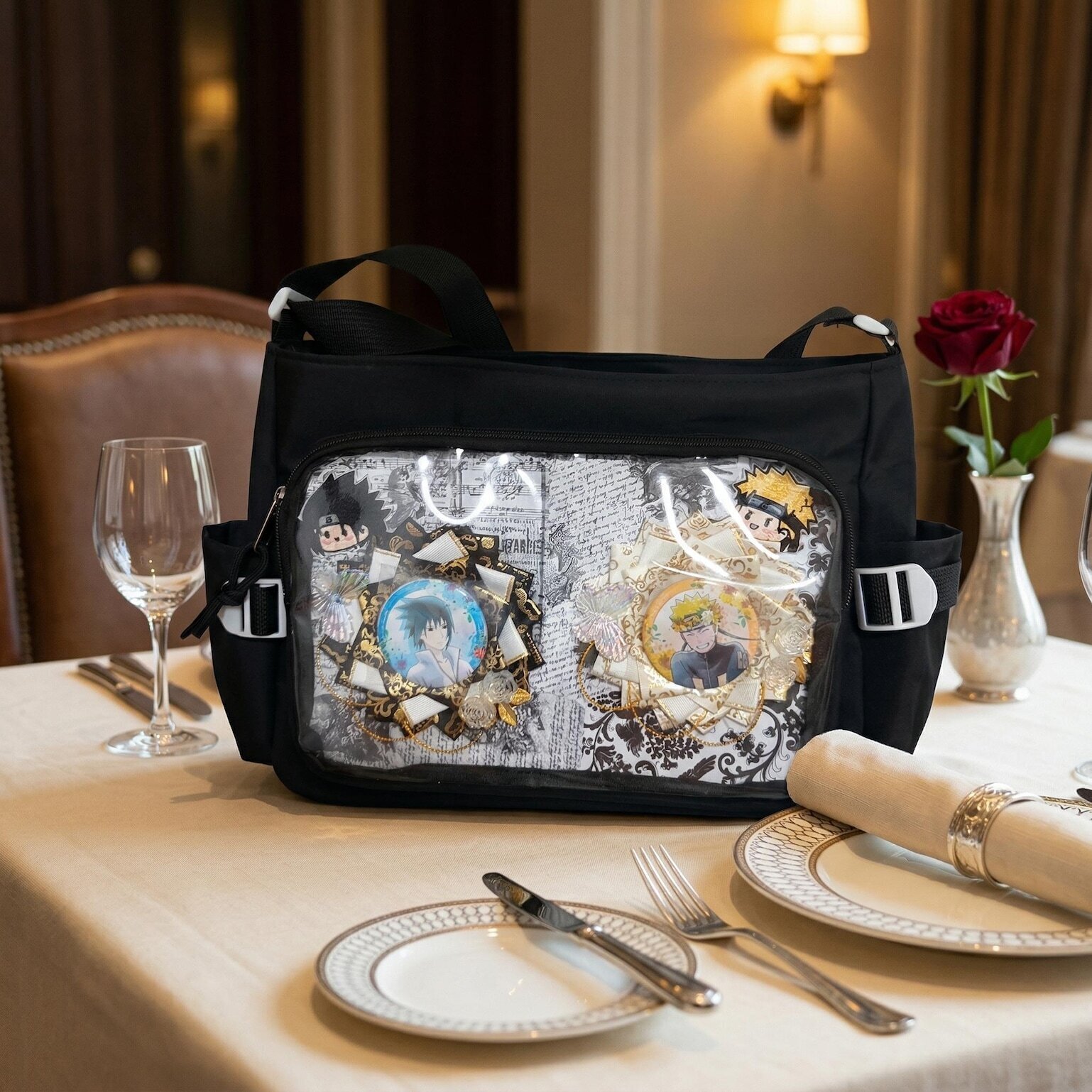 Large Black Kawaii Ita Messenger Bag with Clear Window for Plushies and Pins Large Black Kawaii Ita Messenger Bag with Clear Window for Plushies and Pins