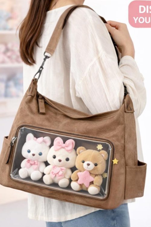 Large Black Kawaii Ita Messenger Bag with Clear Window for Plushies and Pins