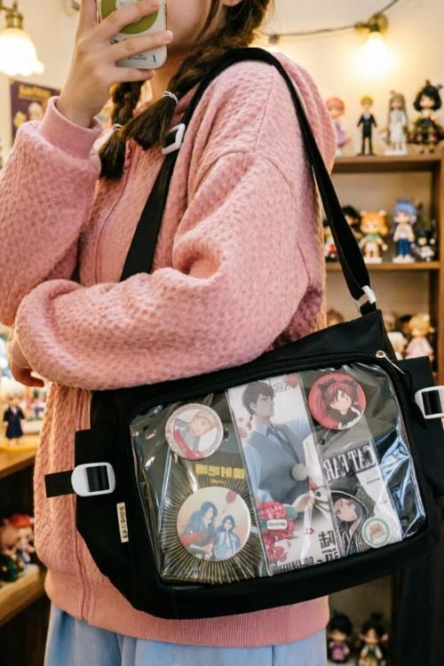 Large Black Kawaii Ita Messenger Bag with Clear Window for Plushies and Pins