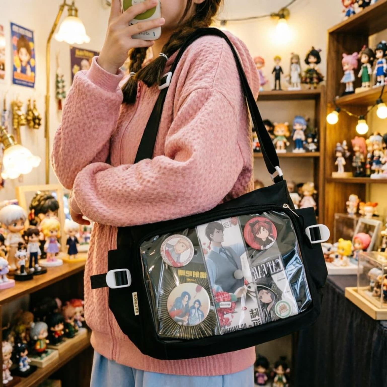 Large Black Kawaii Ita Messenger Bag with Clear Window for Plushies and Pins Large Black Kawaii Ita Messenger Bag with Clear Window for Plushies and Pins