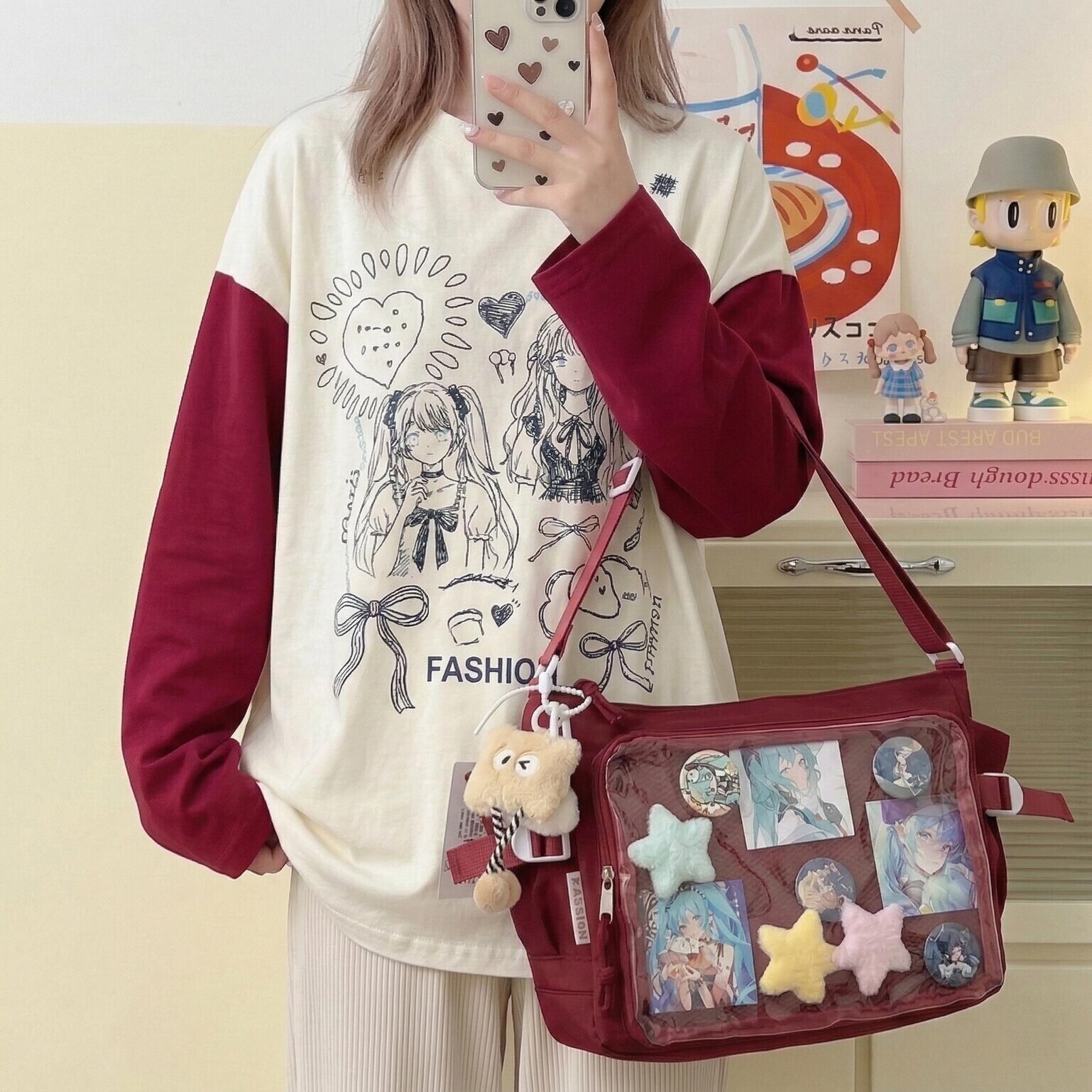 Large Black Kawaii Ita Messenger Bag with Clear Window for Plushies and Pins Large Black Kawaii Ita Messenger Bag with Clear Window for Plushies and Pins