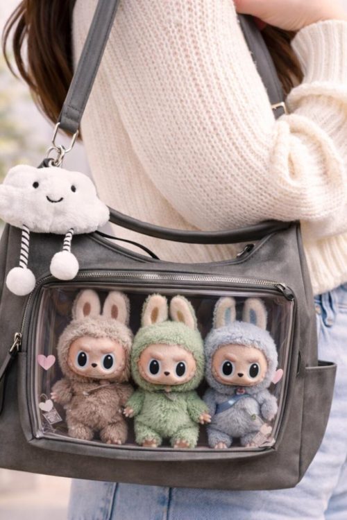 Large Black Kawaii Ita Messenger Bag with Clear Window for Plushies and Pins