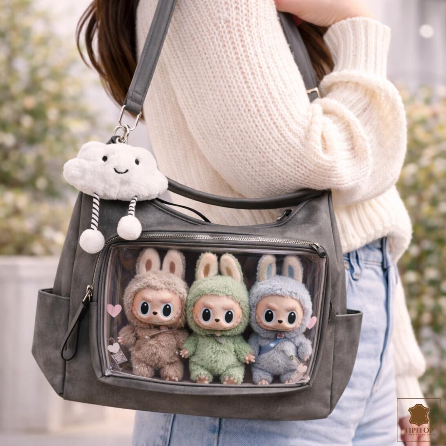 Large Black Kawaii Ita Messenger Bag with Clear Window for Plushies and Pins Large Black Kawaii Ita Messenger Bag with Clear Window for Plushies and Pins