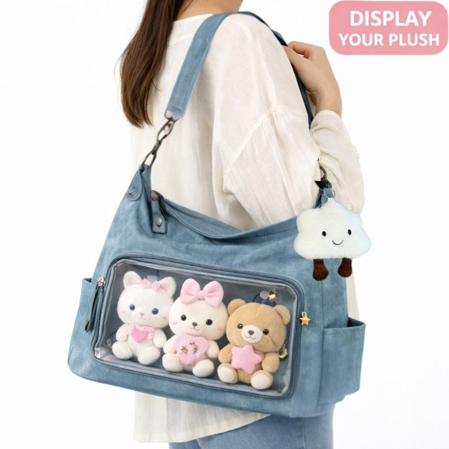 Large Black Kawaii Ita Messenger Bag with Clear Window for Plushies and Pins Large Black Kawaii Ita Messenger Bag with Clear Window for Plushies and Pins