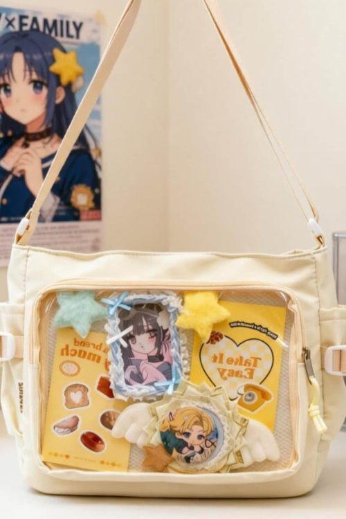 Large Black Kawaii Ita Messenger Bag with Clear Window for Plushies and Pins