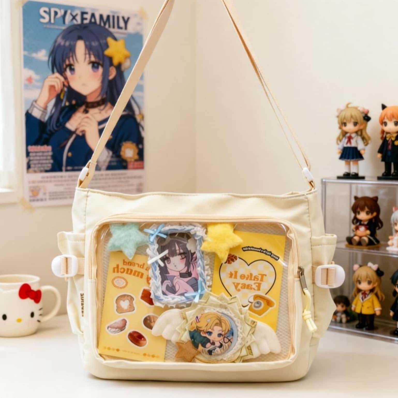 Large Black Kawaii Ita Messenger Bag with Clear Window for Plushies and Pins Large Black Kawaii Ita Messenger Bag with Clear Window for Plushies and Pins