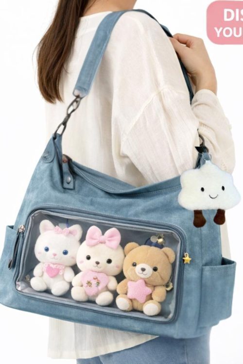 Large Black Kawaii Ita Shoulder Bag with Clear Window for Plushies and Pins