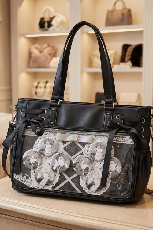 Large Black Kawaii Ribbon Ita Crossbody Bag with Clear Window for Plushies and Pins