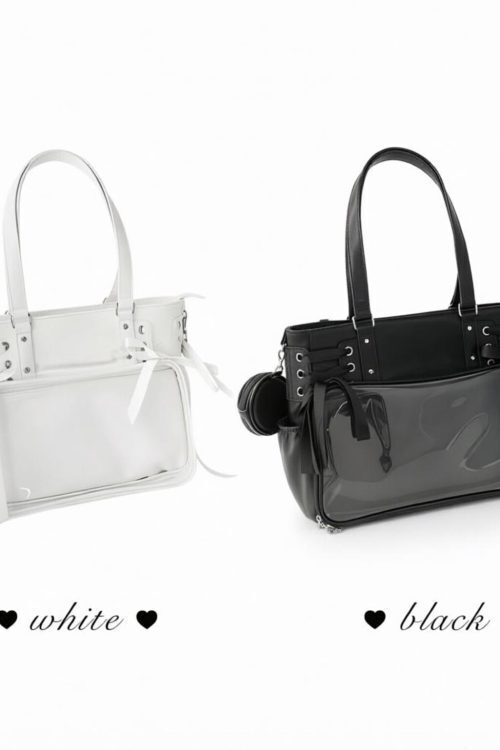 Large Black Kawaii Ribbon Ita Crossbody Bag with Clear Window for Plushies and Pins