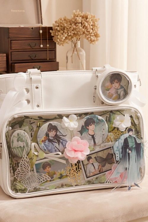 Large Black Kawaii Ribbon Ita Crossbody Bag with Clear Window for Plushies and Pins