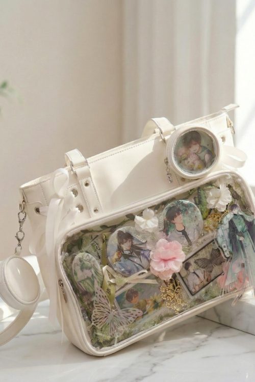 Large Black Kawaii Ribbon Ita Crossbody Bag with Clear Window for Plushies and Pins