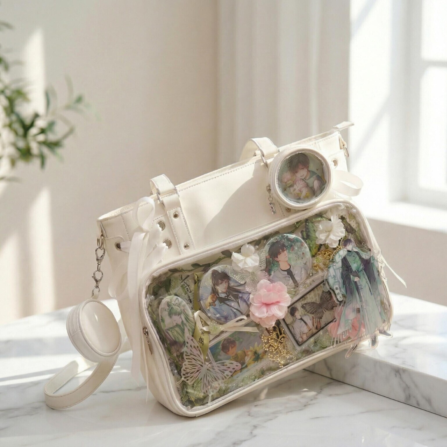 Large Black Kawaii Ribbon Ita Crossbody Bag with Clear Window for Plushies and Pins Large Black Kawaii Ribbon Ita Crossbody Bag with Clear Window for Plushies and Pins