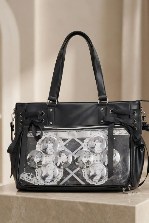 Large Black Kawaii Ribbon Ita Crossbody Bag with Clear Window for Plushies and Pins