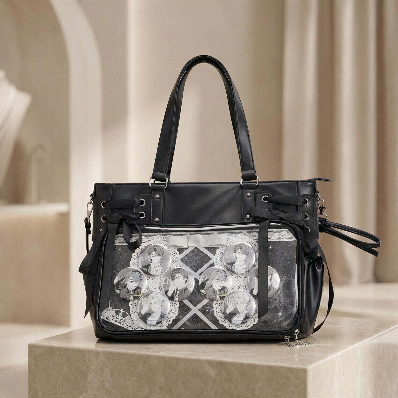 Large Black Kawaii Ribbon Ita Crossbody Bag with Clear Window for Plushies and Pins Large Black Kawaii Ribbon Ita Crossbody Bag with Clear Window for Plushies and Pins