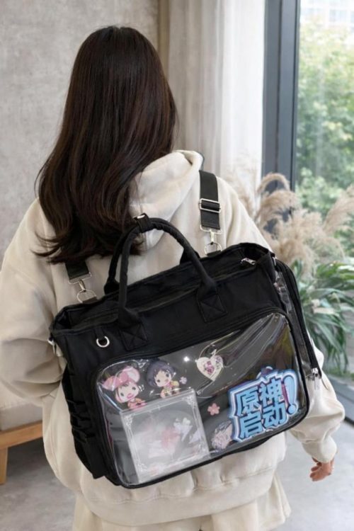 Large Black Kawaii Y2K Convertible Ita Bag with Clear Window for Photocards and Pins