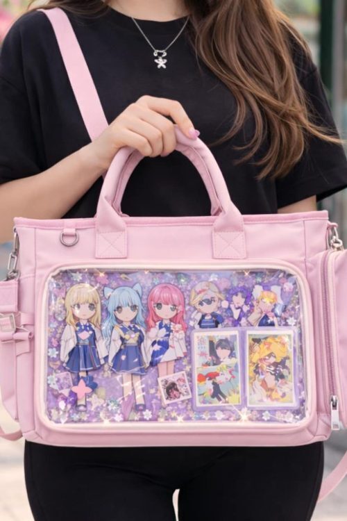 Large Black Kawaii Y2K Convertible Ita Bag with Clear Window for Photocards and Pins