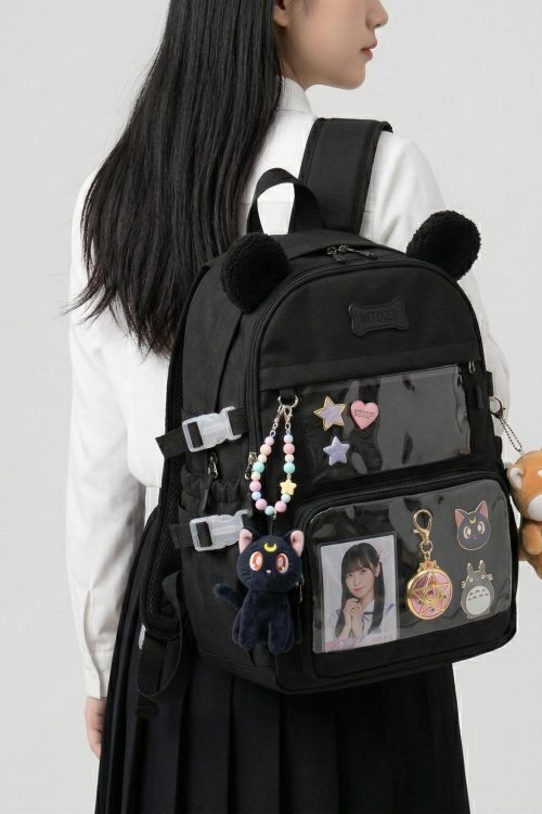 Large Black Kawaii Y2K Ita Backpack with Clear Window for Photocards and Pins