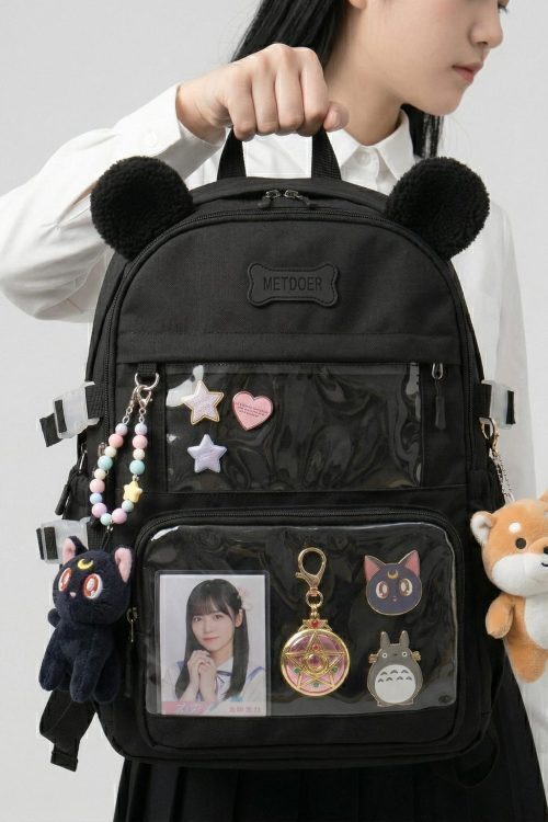Large Black Kawaii Y2K Ita Backpack with Clear Window for Photocards and Pins