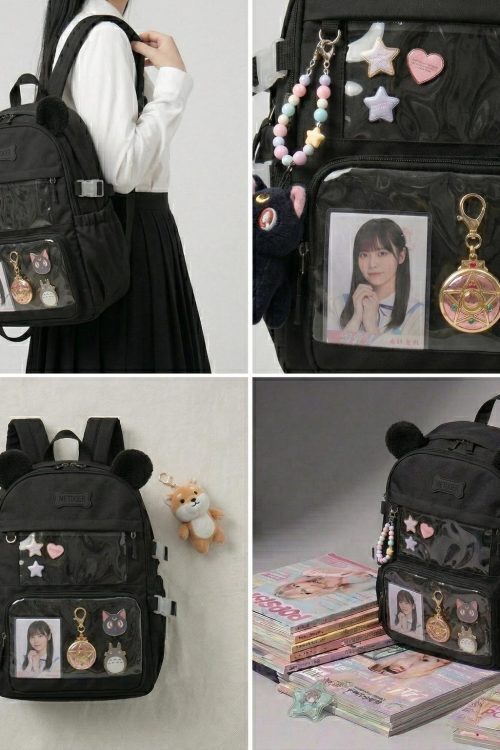 Large Black Kawaii Y2K Ita Backpack with Clear Window for Photocards and Pins
