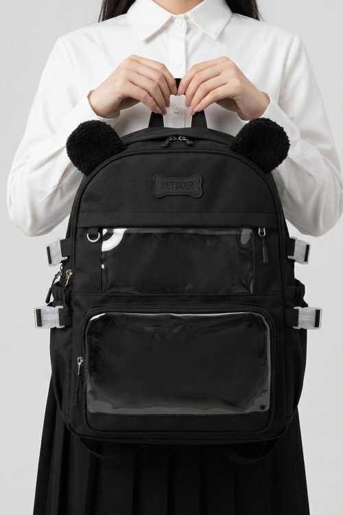 Large Black Kawaii Y2K Ita Backpack with Clear Window for Photocards and Pins