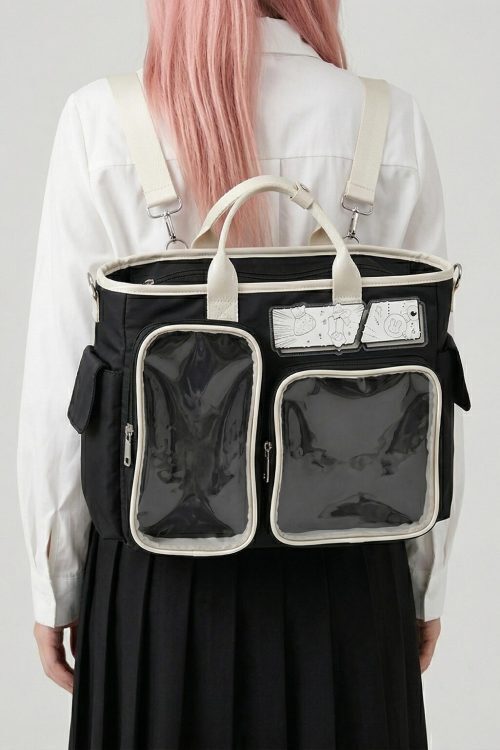 Large Black Kawaii Y2K Ita Backpack with Clear Window for Photocards and Pins