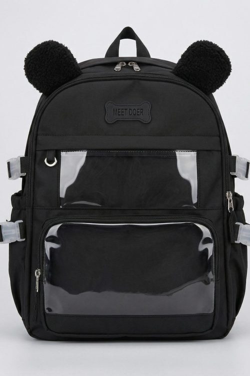 Large Black Kawaii Y2K Ita Backpack with Clear Window for Photocards and Pins