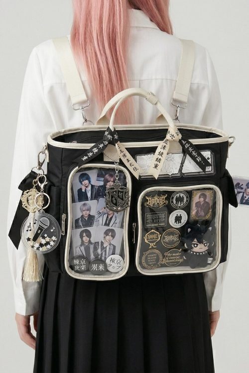 Large Black Kawaii Y2K Ita Backpack with Clear Window for Photocards and Pins