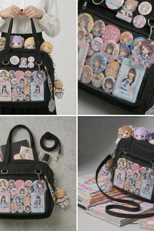 Large Black Kawaii Y2K Ita Backpack with Clear Window for Pin Display