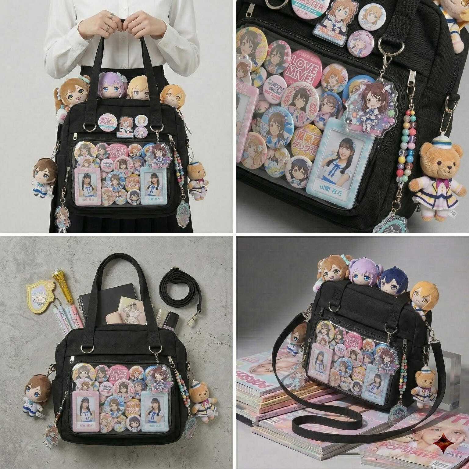 Large Black Kawaii Y2K Ita Backpack with Clear Window for Pin Display Large Black Kawaii Y2K Ita Backpack with Clear Window for Pin Display